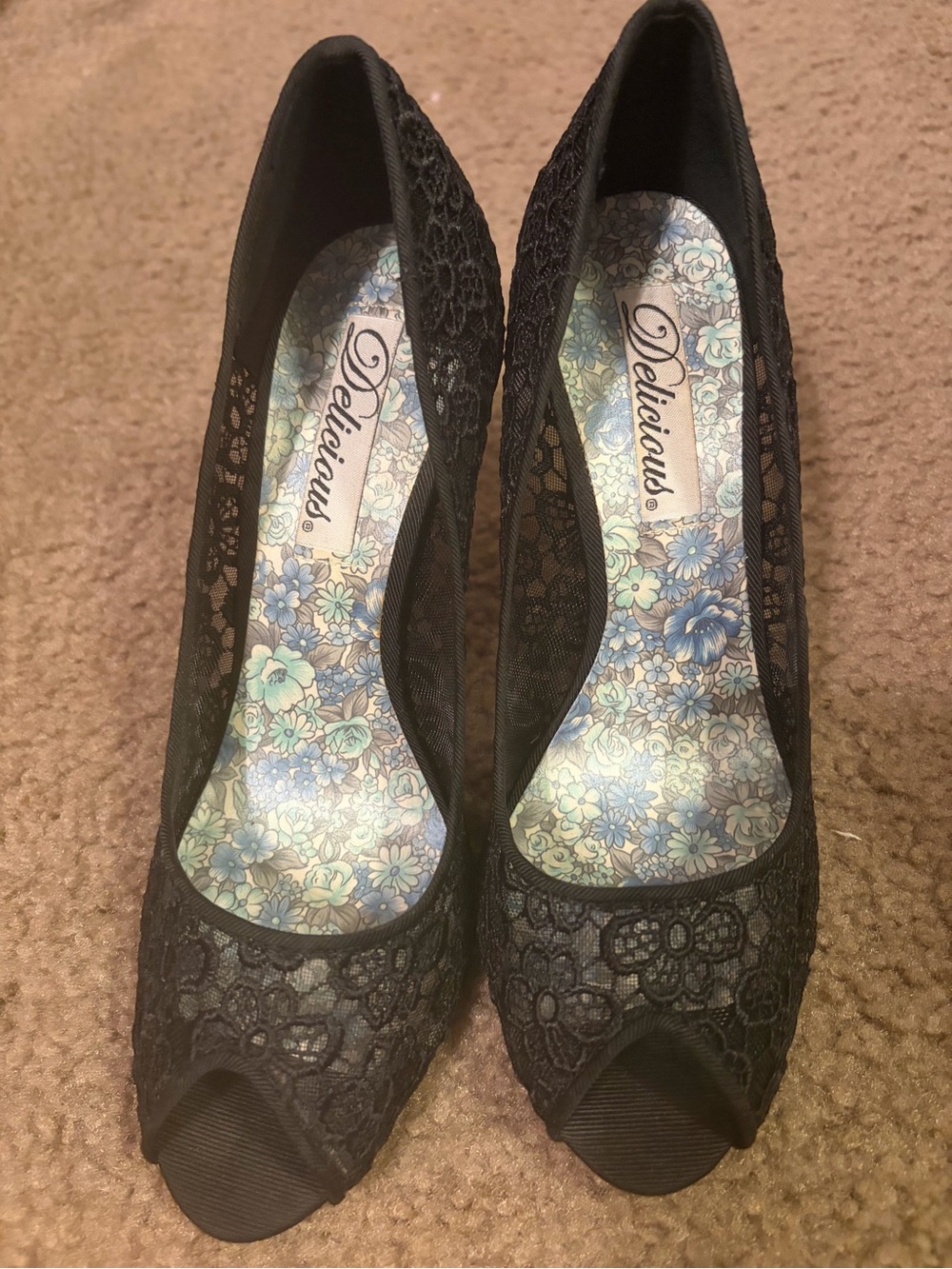 Delicious Black Lace Peep Toe Heels with Floral Insole